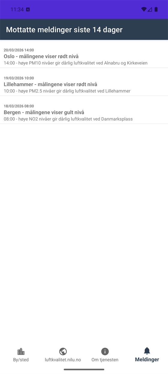 Skjermbilde fra VarselLuftNå: mottatte meldinger om luftkvalitet de siste 14 dagene