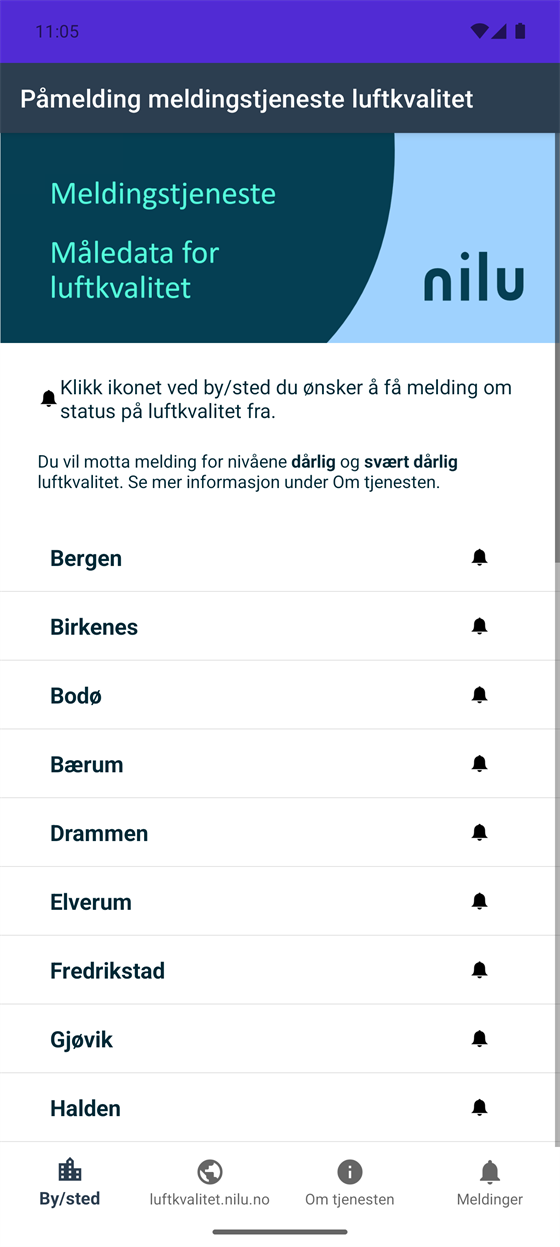 Skjermbilde fra VarselLuftNå: listen over byer og steder du kan melde deg på varsel for